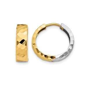 14K Yellow and White Gold Textured Hoop Huggy Earrings